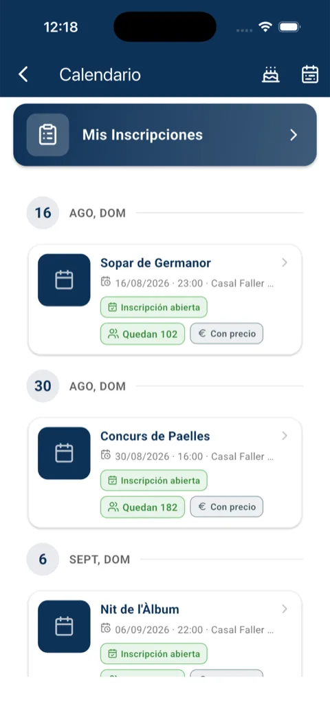 Calendario de eventos con inscripciones abiertas y plazas disponibles