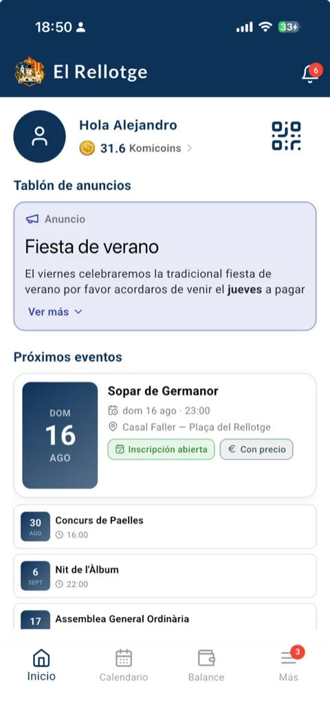 Pantalla de inicio con tablón de anuncios y próximos eventos de la comisión