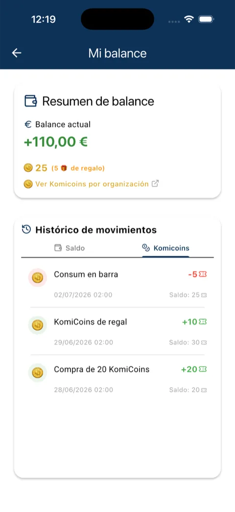 Resumen de balance con saldo, monedero interno e historial de movimientos